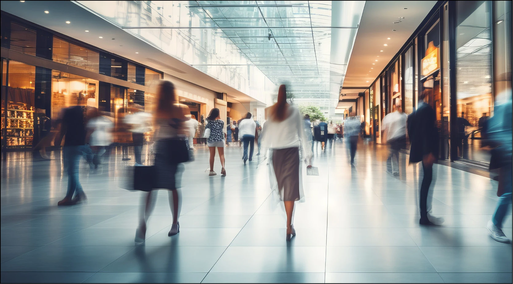 Blurred motion of shoppers in a modern, well-lit shopping mall