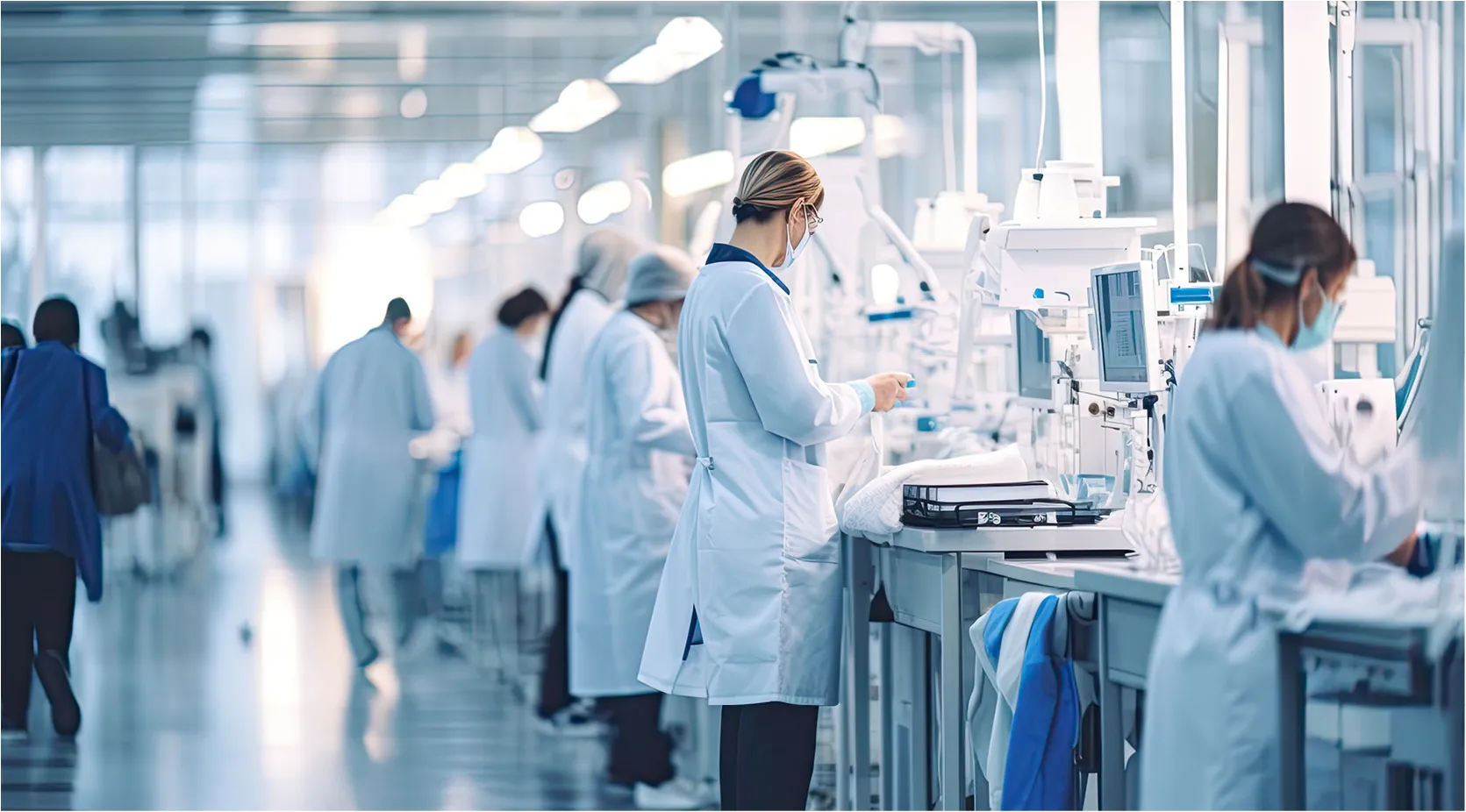 Laboratory technicians in white coats working with equipment in a modern lab.