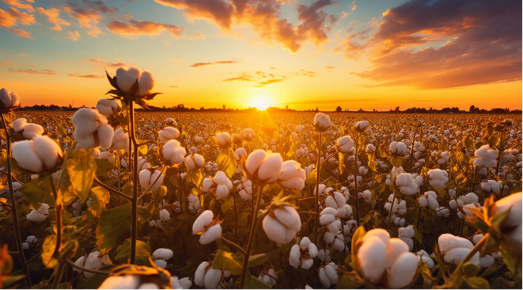 Cotton field at sunset, symbolizing natural fibers and fashion industry supply chains.