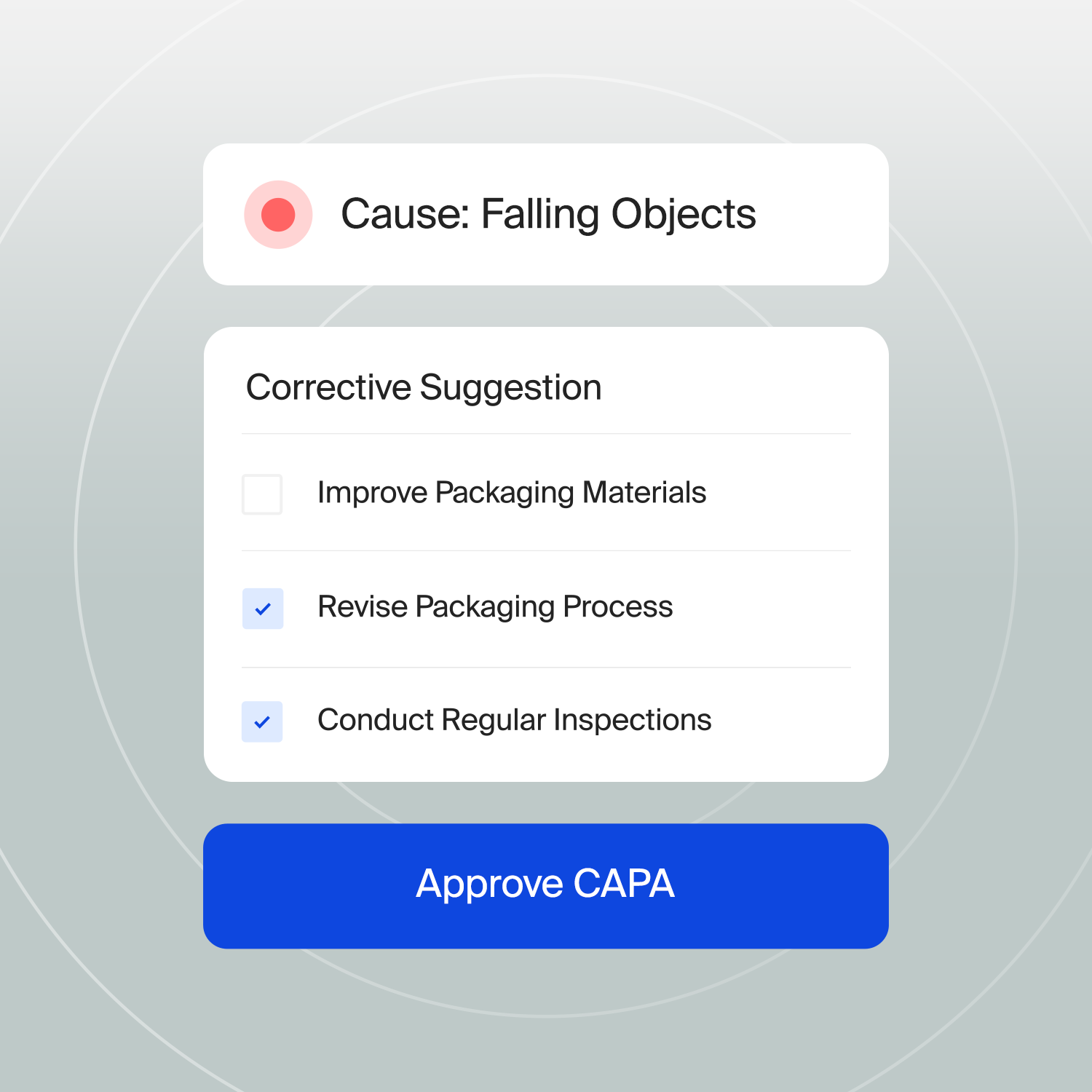 CAPA form showing cause: falling objects, with corrective suggestions and an approve button.