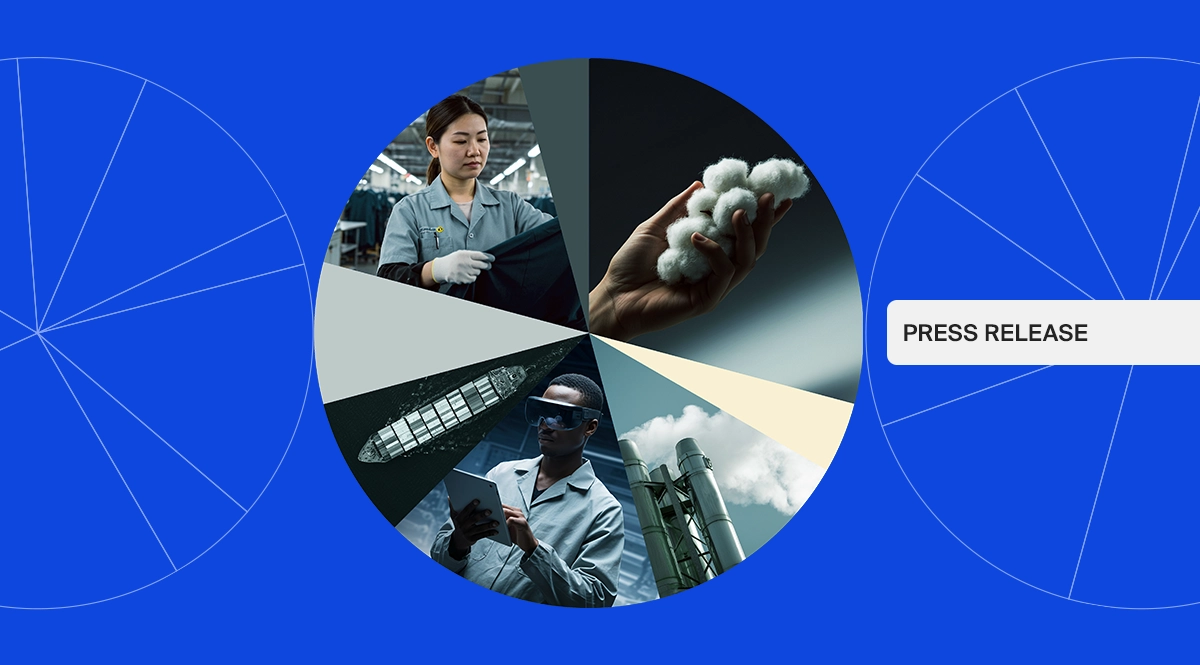 Circular graphic showing supply chain elements: cotton, factory worker, shipping container, and worker using AR glasses. "PRESS RELEASE" text.