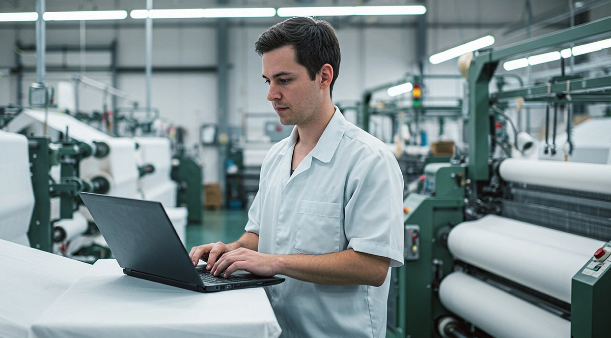 Man in factory uniform using laptop to manage supply chain compliance.