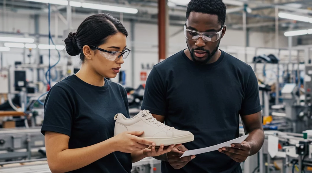Factory workers inspect shoe quality, discussing tariff trade-offs.