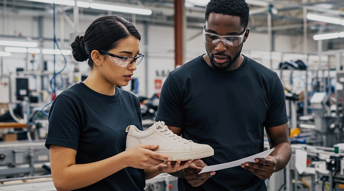 Factory workers inspect shoe quality, discussing tariff trade-offs.