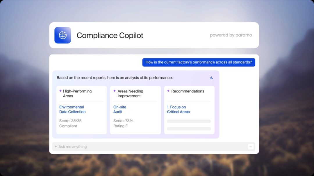 Compliance Copilot dashboard showing factory performance analysis and recommendations