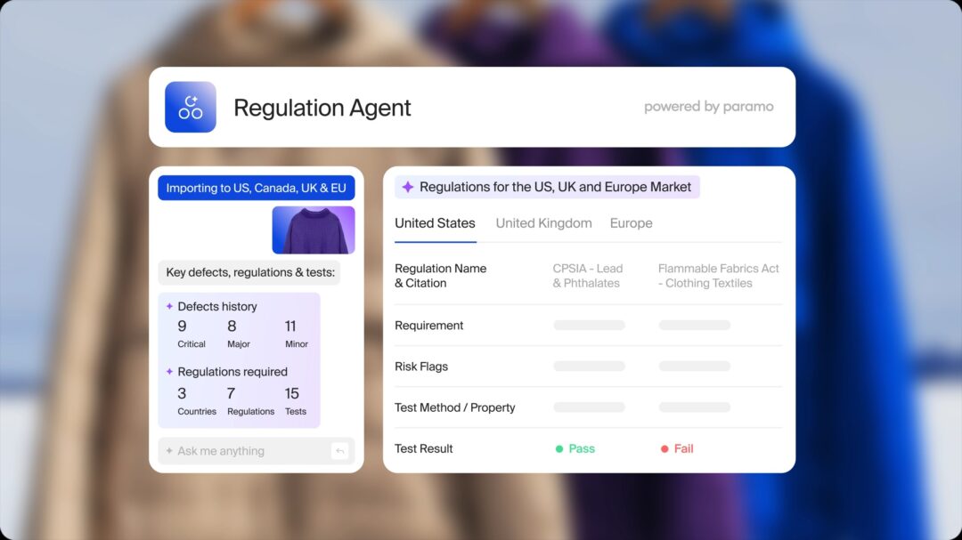 Paramo AI Regulation Agent dashboard showing product compliance for US, UK, and EU markets.