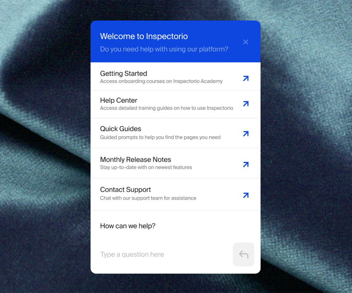 Inspectorio help center with options for getting started, quick guides, and contact support.